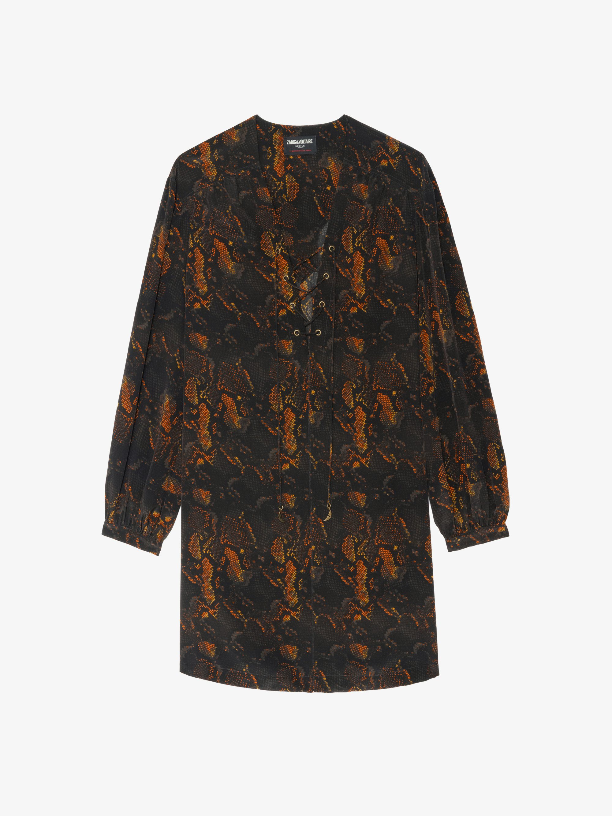 Ramela Dress 100% Silk - Short dress in printed silk, long balloon sleeves, deep neckline with lace-up.